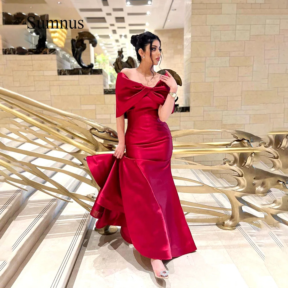 

Sumnus Red Off the Shoulder Mermaid Evening Dresses Mono Satin Elegant Long Saudi Arabic Wedding Party Gowns Dubai Formal Dress
