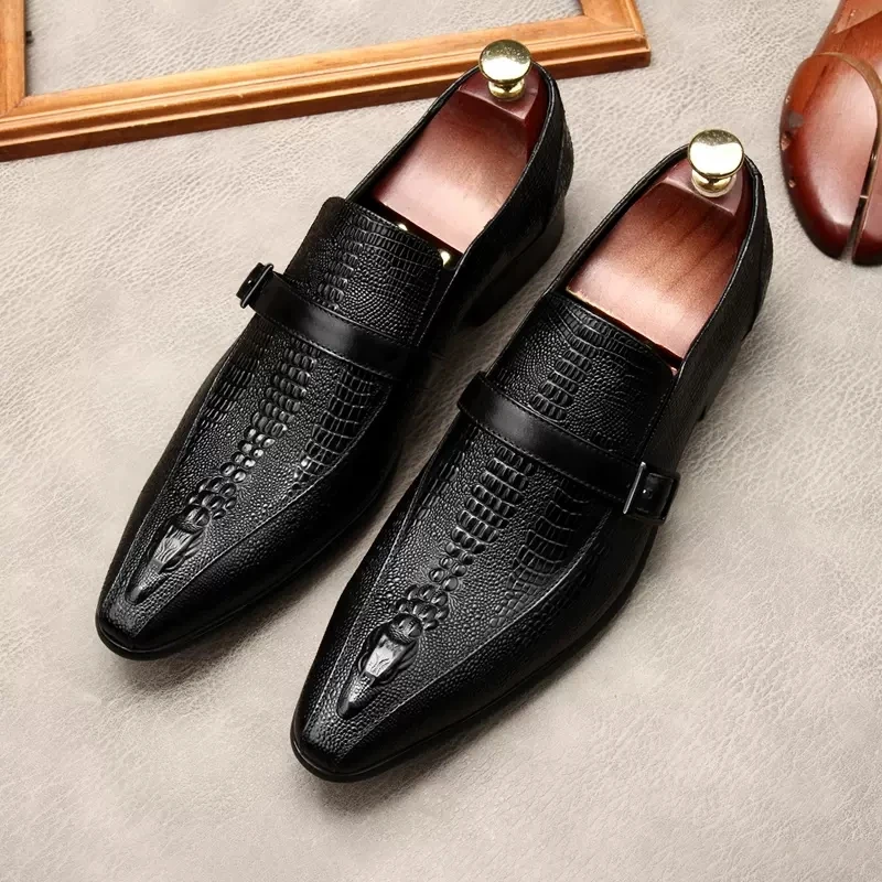 

Crocodile Pattern Men's Dress Shoes For Suits Genuine Leather Pointed Tip Slip On Formal Oxford Loafers Man Black Wedding Shoes