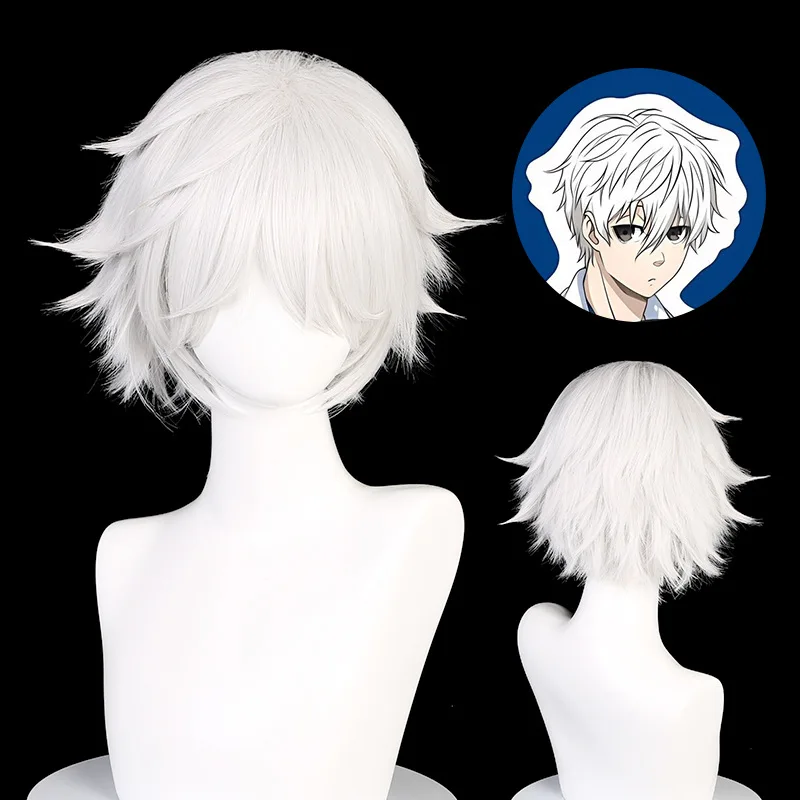 GAKA Men's Wig 32cm/16.6 inch Short White Hair Heat Resistant Synthetic Hair Hellraiser Painted Eyebrow Maru Men's Anime Role Pl images - 6