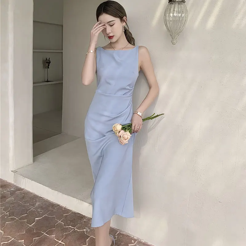 

Summer Women Elegent Hepburn Sleeveless Party White Midi Dress Female Fashion Sexy Slim Black Clothes Vestidos Lady Prom Dress