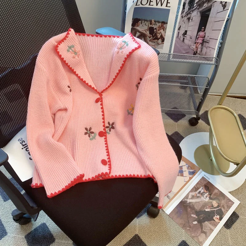 

Женский кардиган с вышивкой, розовый свитер с лацканами и длинным рукавом, мягкая кофта для весны и осени, 2022