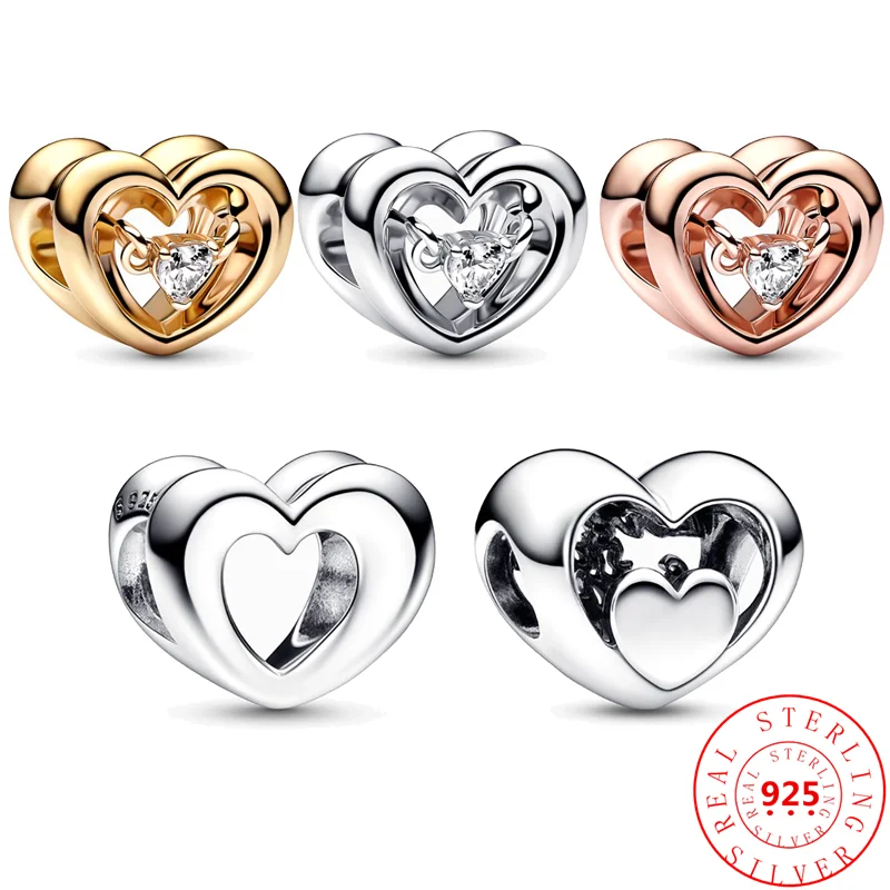 

925 Sterling Silver Radiant Open Heart & Floating Stone DIY Beads Fit Original Pandora Charm Bracelet Fine Jewelry Free Shipping