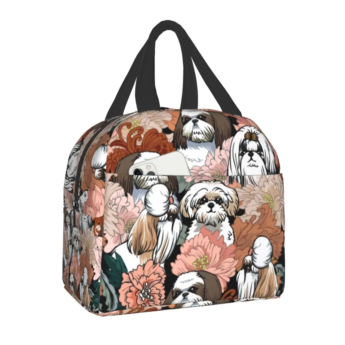Custom Shih Tzu Dog Flowers Pattern Lunch Bag Men Women Thermal Cooler Insulated Lunch Boxes for Student School