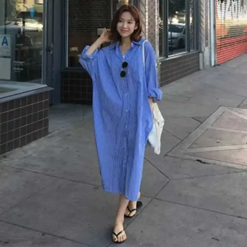 Летнее платье-рубашка свободного кроя с длинным рукавом повседневное удобное