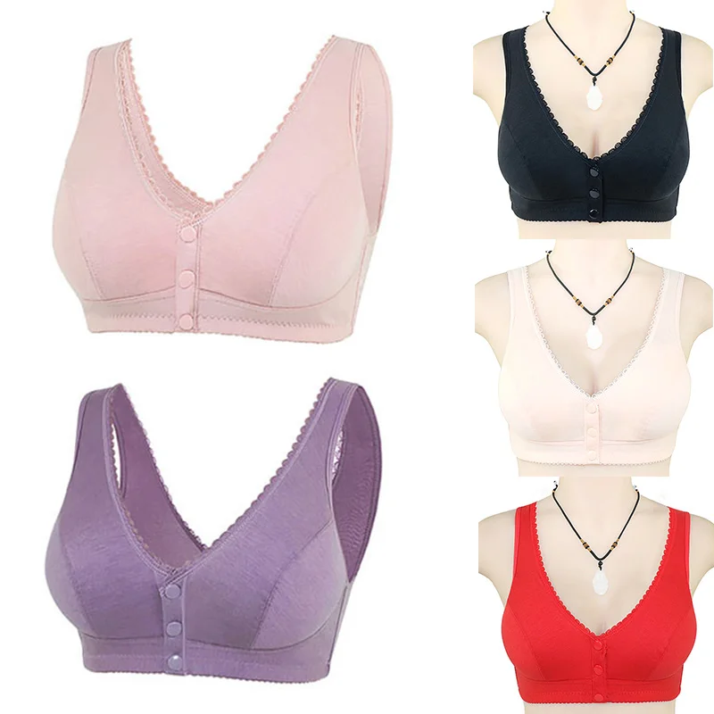 

Women Elderly Underwear Front Closure Wire-free Brassiere Vest Casual Front Buttons Push-Up Bras Sport Bras