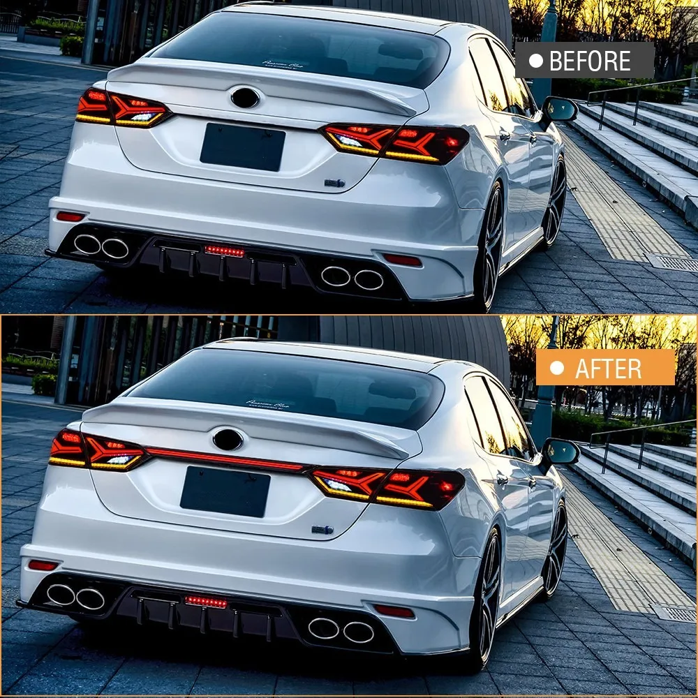 Фото Для Toyota Camry Sedan 2018-2024 дымовые светодиодные задние фонари в сборе, пара последовательных задних фонарей, левая + правая сторона, черный корпус №3