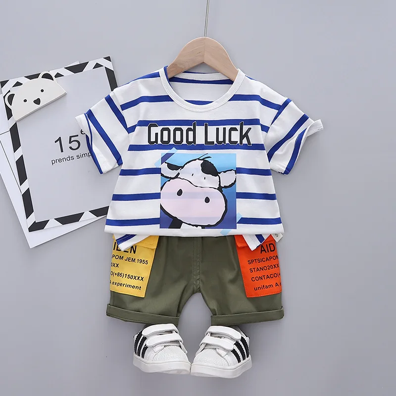 

New Baby Boys Girls Clothes Sets Fashion Summer Infant Striped Cartoon Cow T-shirt+Shorts 2pcs Toddler Children Clothing Suits