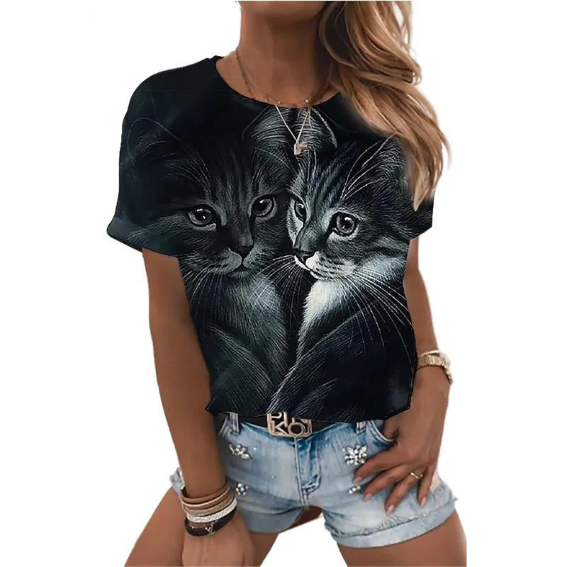 

Summer Women's Top Plus Size Women's 3D Animal Cat Street Casual Short Sleeve T-Shirt Clothes Women's Vetement Femme