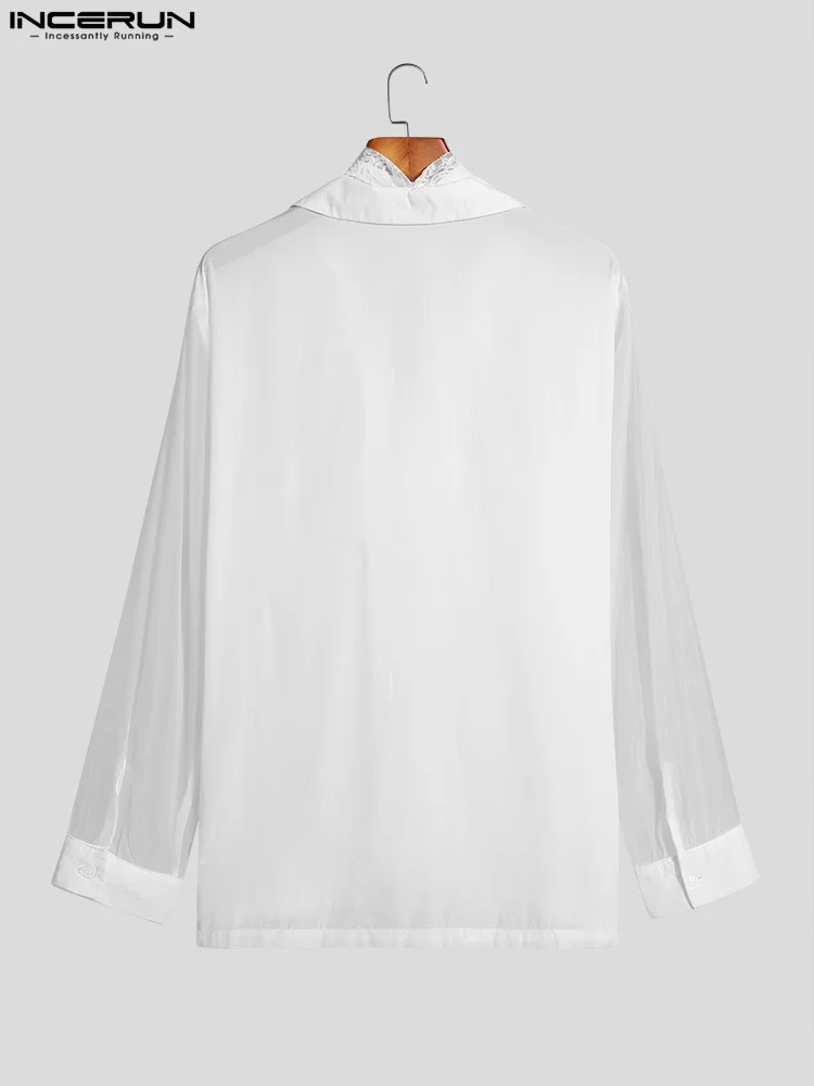 INCERUN Tops 2022 Handsome Men's Slightly See-through Lapel Blouse Fashion Casual Male Stitching Long-sleeved Thin Shirts S-5XL