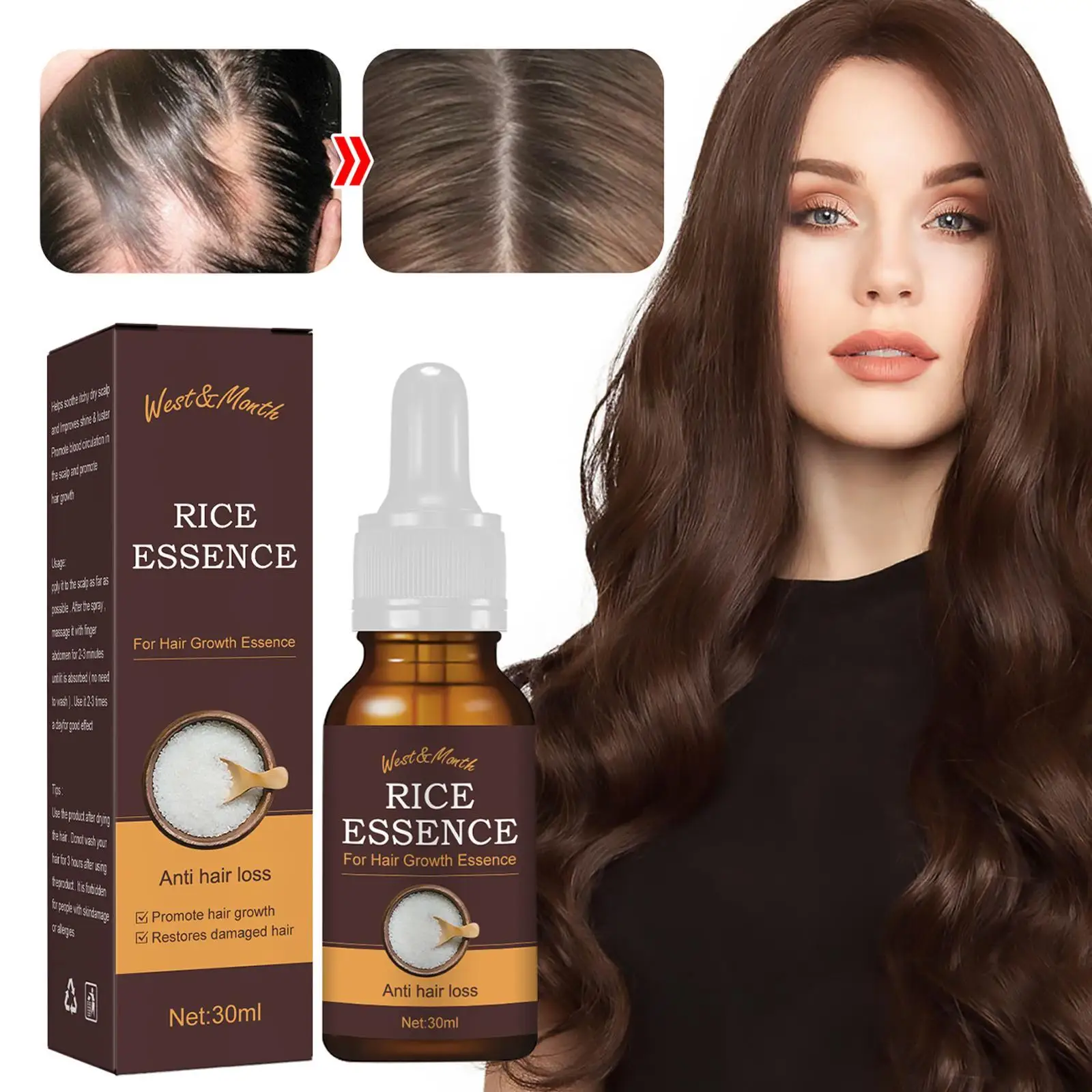 

30 мл рисовый водный шампунь для роста волос-Сыворотка против выпадения волос для быстрого роста более толстых волос для выпадения волос
