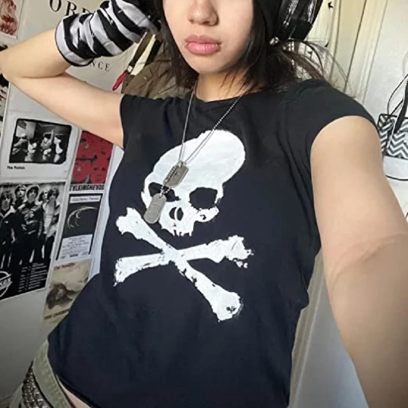 

Grunge Graphic Print Short Sleeve T-Shirt Y2k Slim Crop Top Gothic Skull Punk Streetwear Summer Casual Vintage 90s Women's Tee
