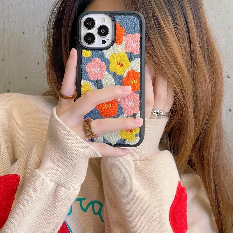 

Роскошный художественный Ретро чехол с цветами в Корейском стиле для телефона iPhone 11 12 13 Pro XS Max X XR 7 8 Plus SE зимний пушистый мягкий противоударн...