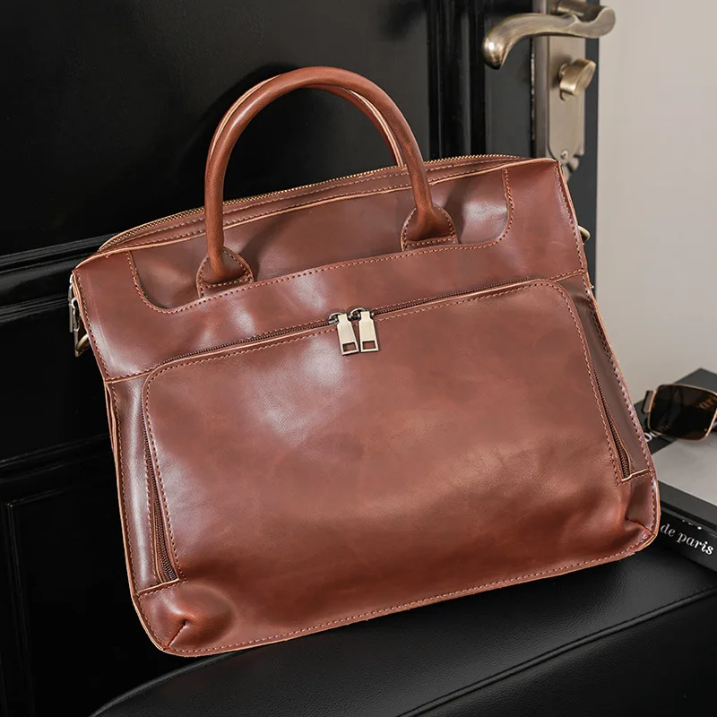 

Vintage Crazy Horse Leather Handmade Light Business Men's Handbag Horizontal Casual File Bag Computer Bag Vintage Men's Bag