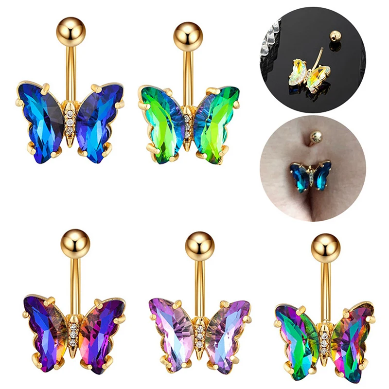 

1pc Colorful Crystal Butterfly Navel Ring Surgical Steel Belly Button Piercing Rings Woman Fashion Body Jewelry