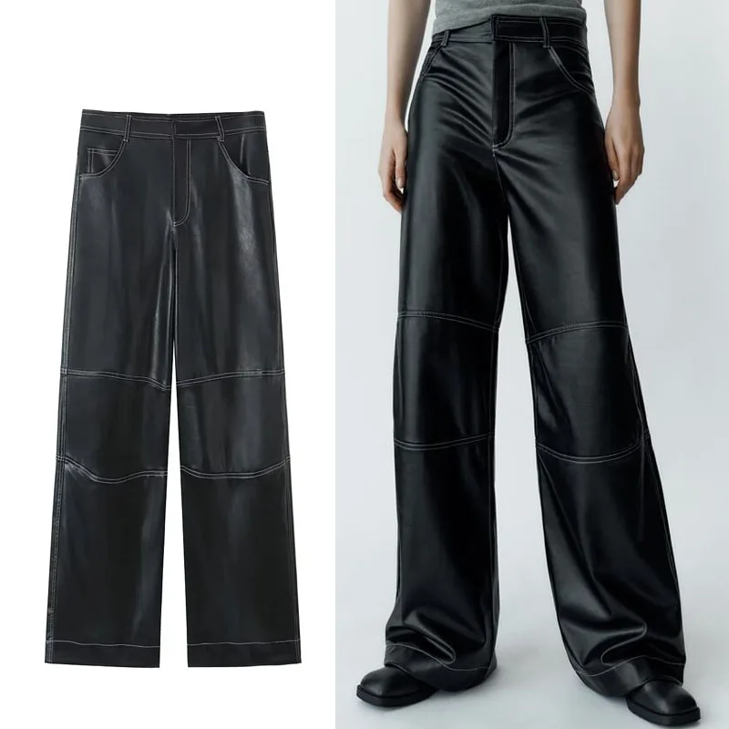 

TRAF Woman Faux Leather Pants Black High Waist Baggy Pants Chic Topstitch Straight Trousers 2024 Autumn Casual Wide Leg Pants