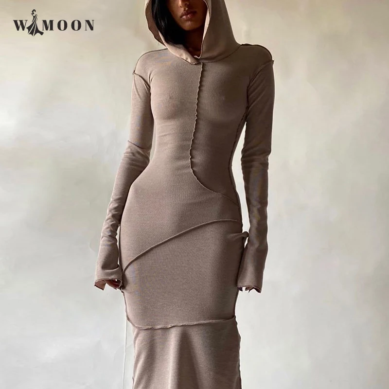 

Hooded Patchwork Long Sleeve Maxi Dress Women 2021 Autumn Winter Bodycon Fashion Streetwear Casual Outfits Asymmetrical Dresses
