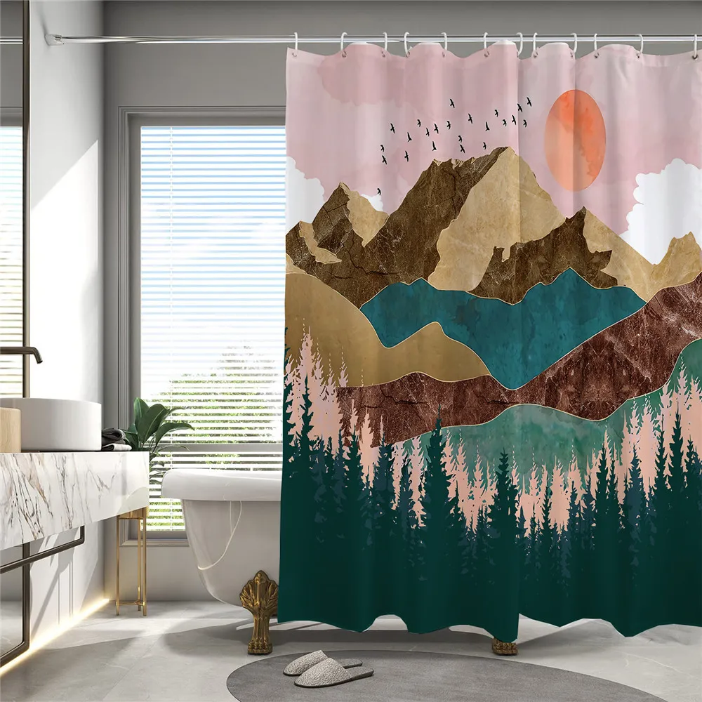 

Abstract Overlapping Mountain Shower Curtain Waterproof Fabric Bathroom Decor Sunrise Landscape Shower Curtains with 12 Hooks