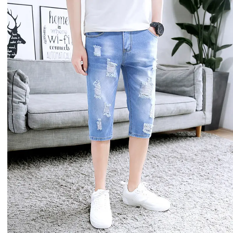 2023 New Cropped Jeans Men's Spring and Summer Thin Broken Men's Korean Version Slim Pants Trend Men's Denim Shorts  Jeans Men