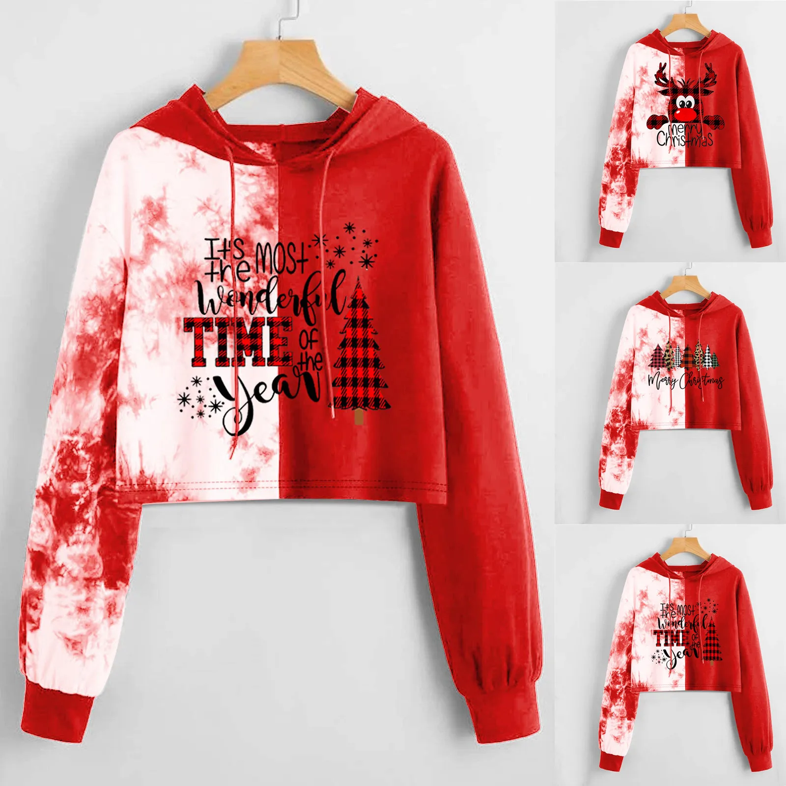 

Women Christmas Print Letter Tress Tie Dye Drop Shoulder Drawstring Hoodie Long Sleeve Hoodlies Pullover Winter Apparel