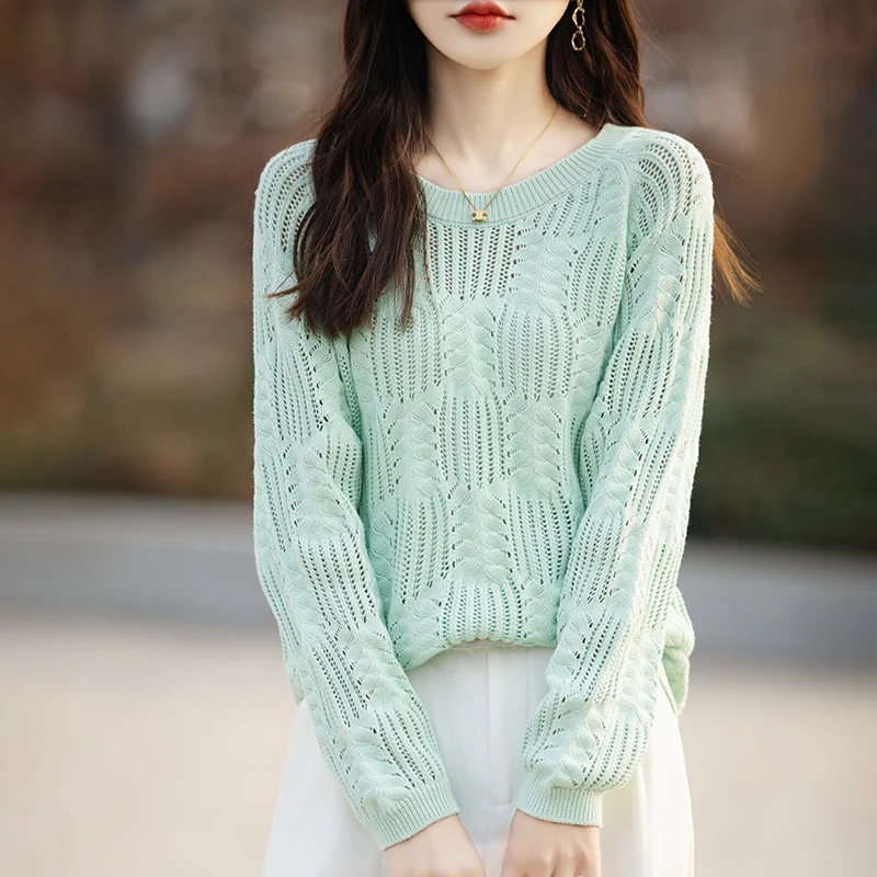 Женский вязаный свитер из 100% хлопка Свободный пуловер с длинными рукавами и