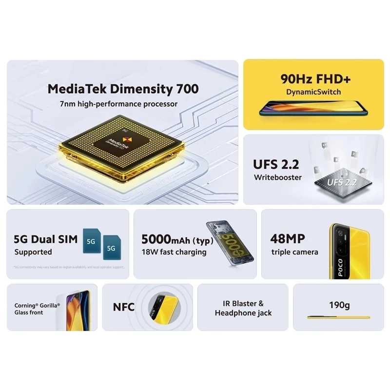 Глобальная версия POCO M3 Pro 4 Гб 64 Гб/6 ГБ 128 5G NFC Dimensity 700 Octa Core 90 Гц 6 5 дюйма 5000 мАч 48 МП