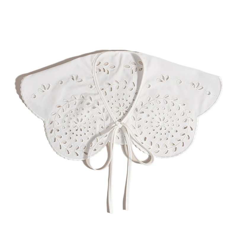 

L21E Women Sweet Girls Doll Lace-Up Detachable Collar Big Shawl Embroidery Leaves Wreath Floral Wavy Scalloped Trim Scarf Poncho