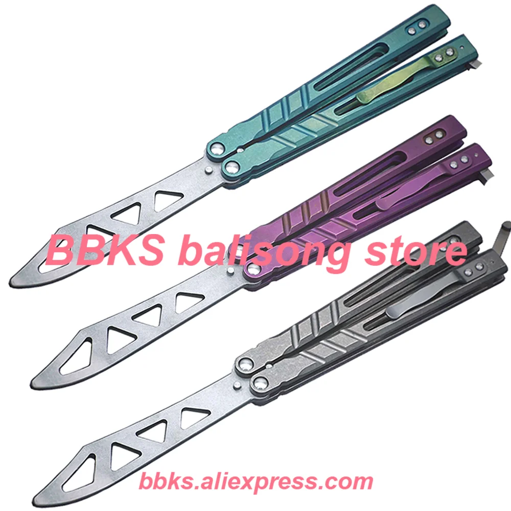 

Theone Alpha Beast AB Clone Sandwich Handle Balisong Trainer Butterfly Trainer Knife Bushings System D2 Blade Titanium Handle