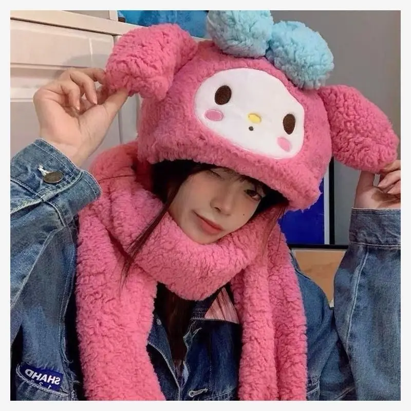 

Anime Sanrios Girl Winter Scarf Kuromi Hat Scarf Gloves One-Piece Women's Scarf Cinnamoroll Plus Velvet Keep Warm Christmas Gift