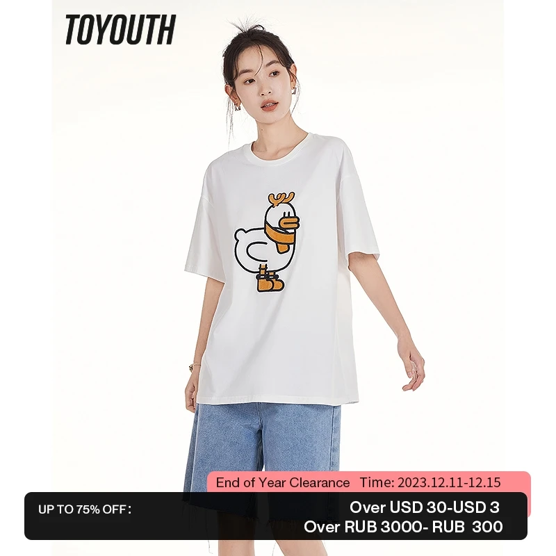 

Toyouth Women T-shirt 2023 Summer Short Sleeve O Neck Loose Tees Cartoon Duck Print Pure Cotton Casual Chic Streetwear Tops