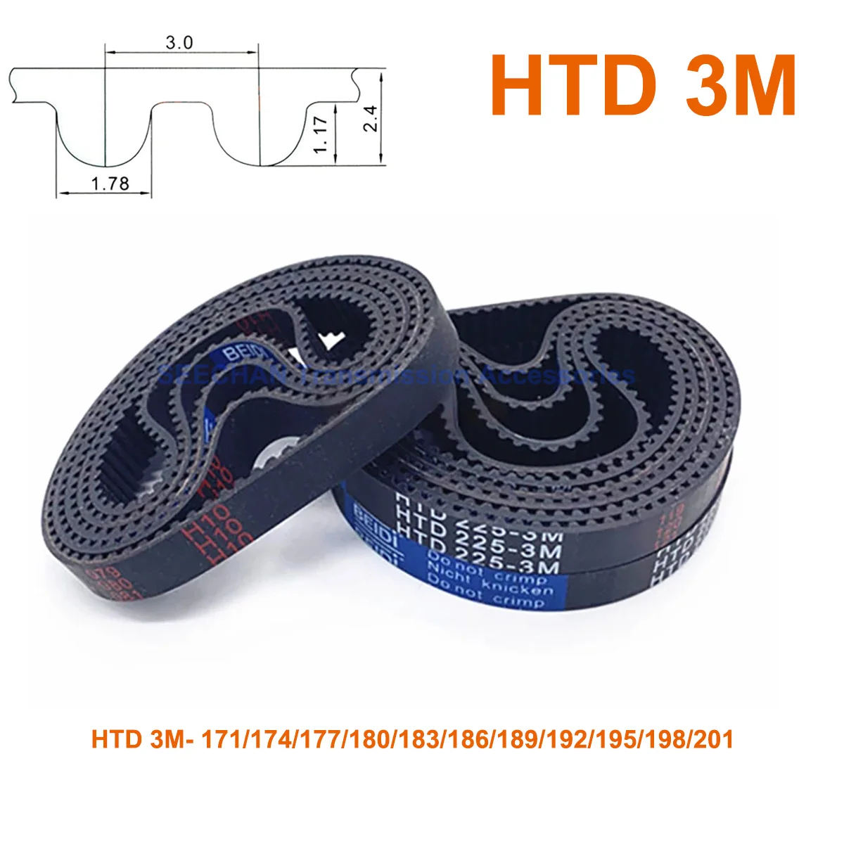 

Closed Loop HTD 3M Rubber Synchronous Timing Belt Width 6 10 15 20mm Perimeter 171 174 177 180 183 186 189 192 195 198 201mm