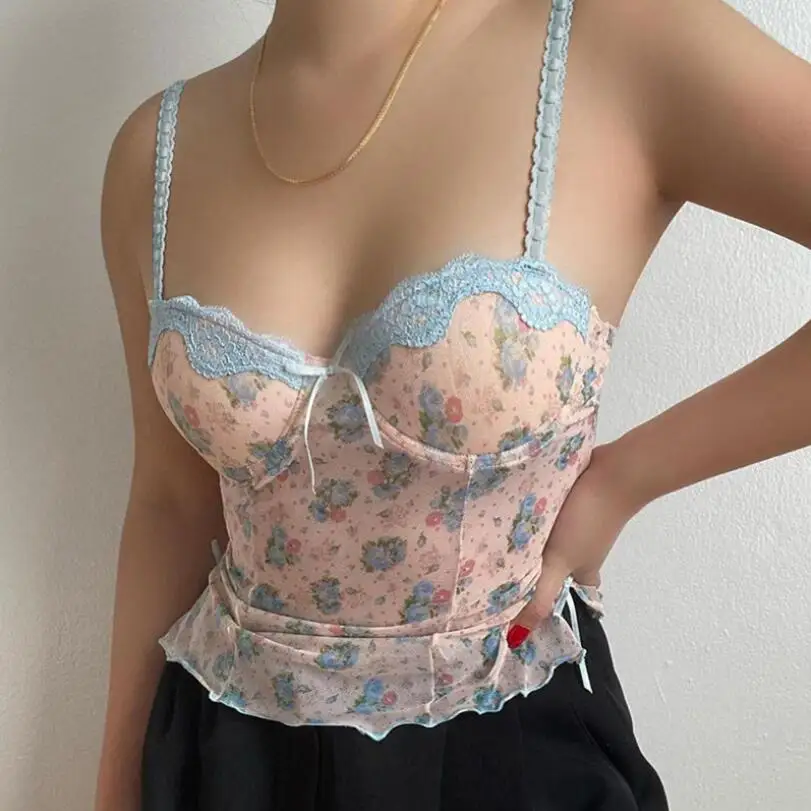 

Floral Y2k Crop Top Women Bow Harajuku Corset Tops Sexy E Girl Clothes Streetwear Sleeveless Tank Top Women Clubwear p165