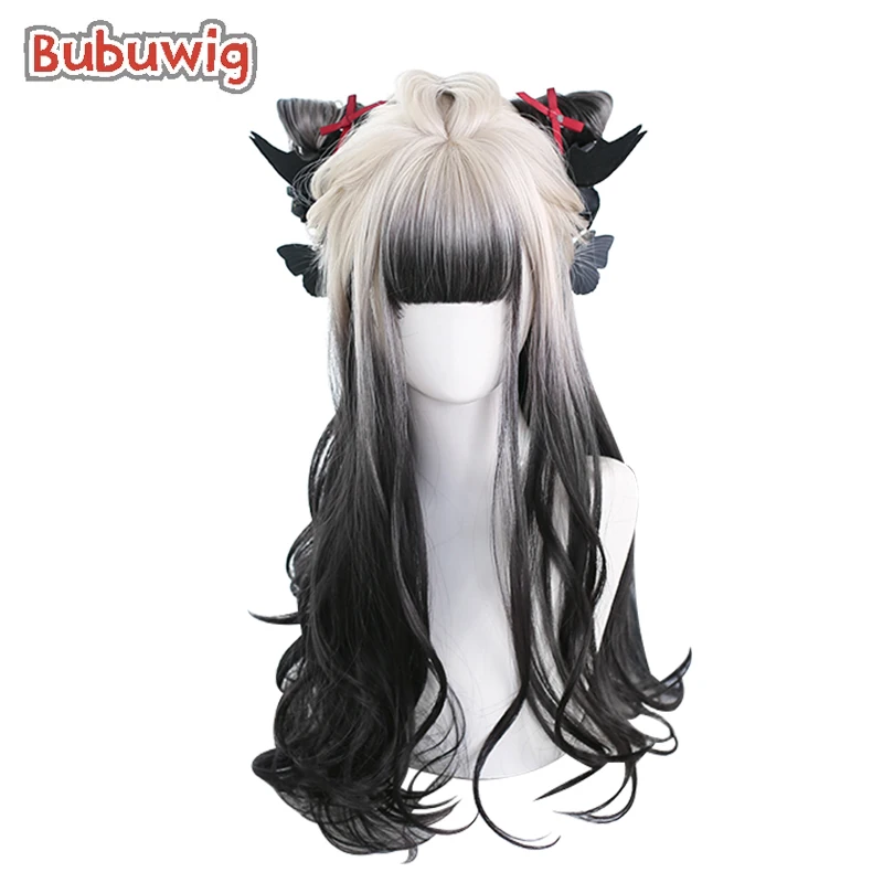 S 60cm Long Curly Mixed Color Lolita Wig Ivory Gradient Black Wigs With Flat Bangs Heat Resistant