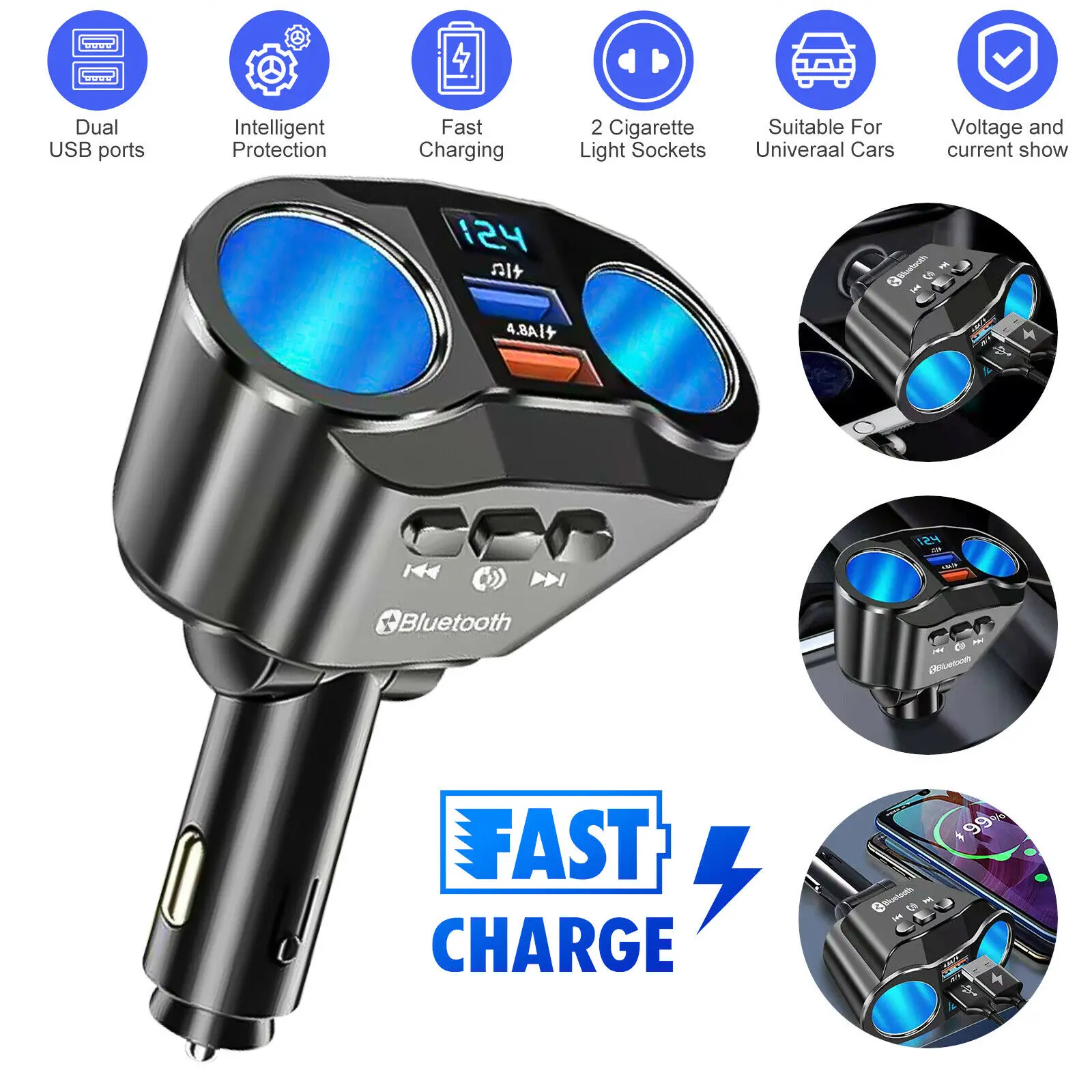 

12/24V LED Digital Display Wireless Bluetooth Cigarette Lighter Socket Splitter Mobile Device Car Charger