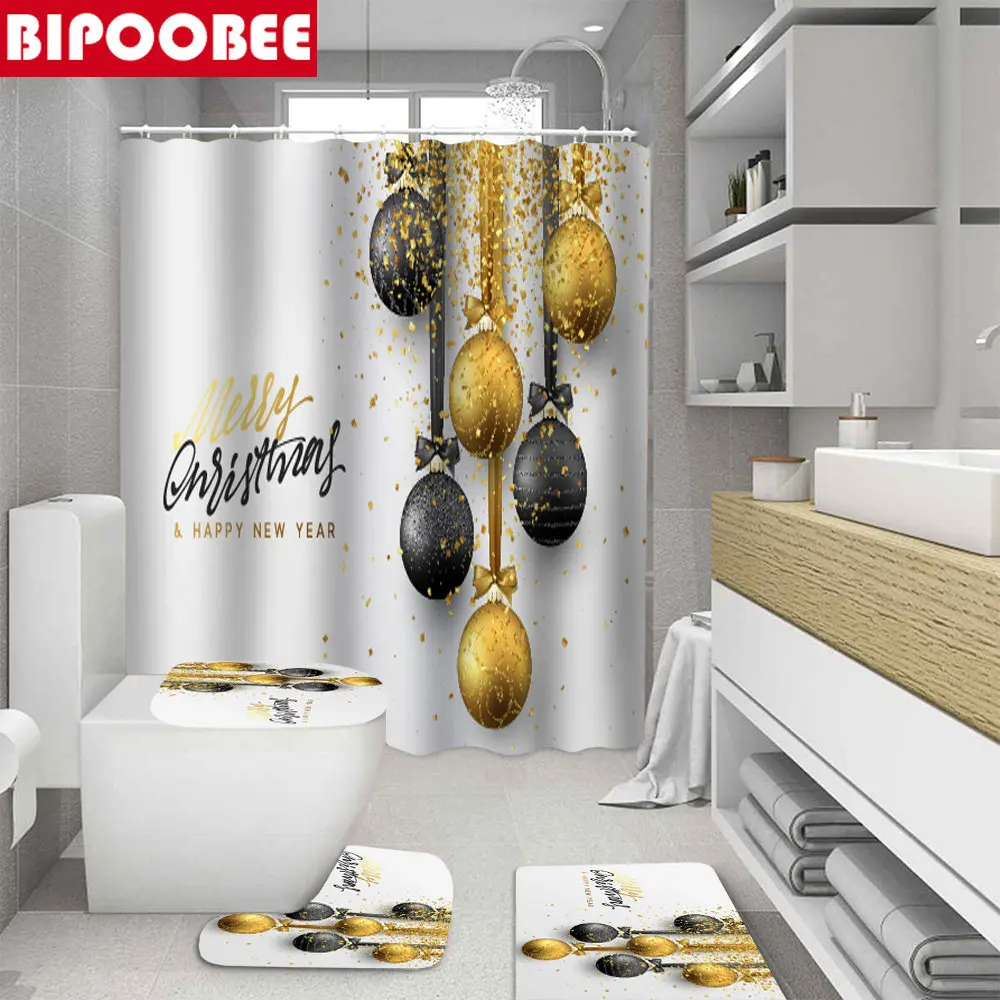 

Merry Christmas Bathroom Set Black Gold Ribbon Ball Shower Curtains Bath Mat Pedestal Rug Toilet Lid Cover and Non Slip Carpet