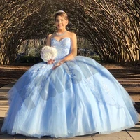real exquisite quinceanera dresses blue strapless puffy luxury vestido appliques beads sequin tiered for 15 girls ball gowns