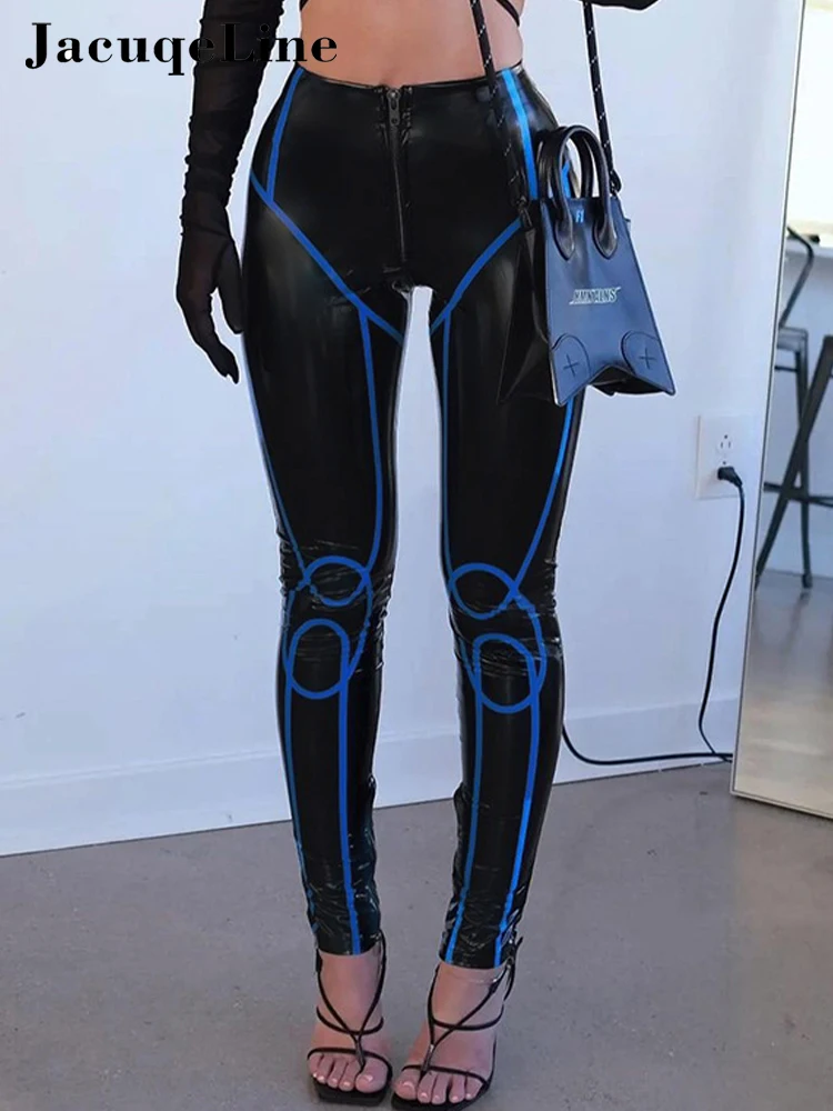

Jacqueline y2k Print Zip Up Biker Pants Women PU Leather High Waist Pencil Trousers 2022 Skinny Vintage Fashion Punk Streetwear
