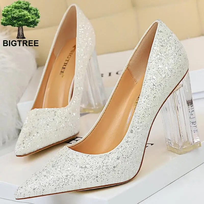 Туфли Bigtree женские на прозрачном каблуке свадебные туфли-лодочки с блестками