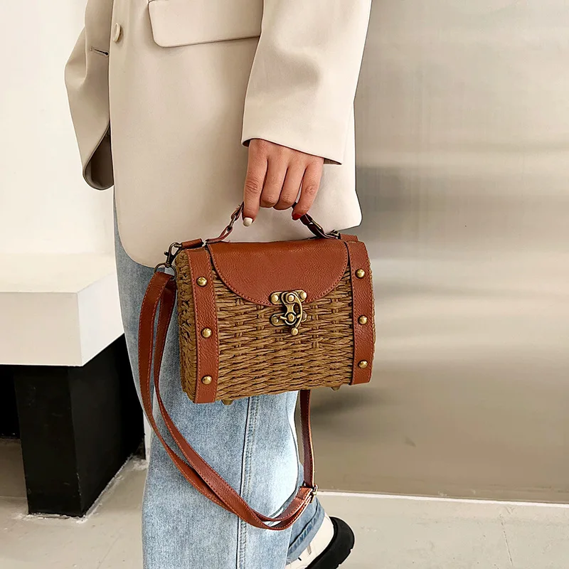 Boho Summer Rattan Beach Bags for Women Bohemian Woven Straw Bag Women Designer Handbags Small Shoulder Crossbody Bag PU Purse