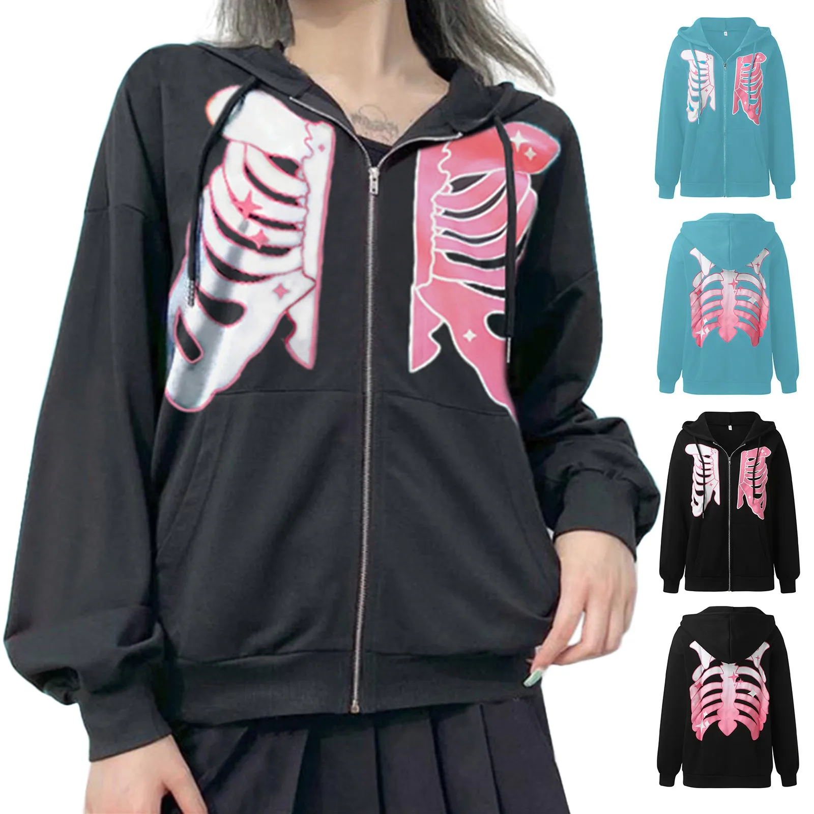 

Женская толстовка на молнии, с длинным рукавом и принтом скелета
