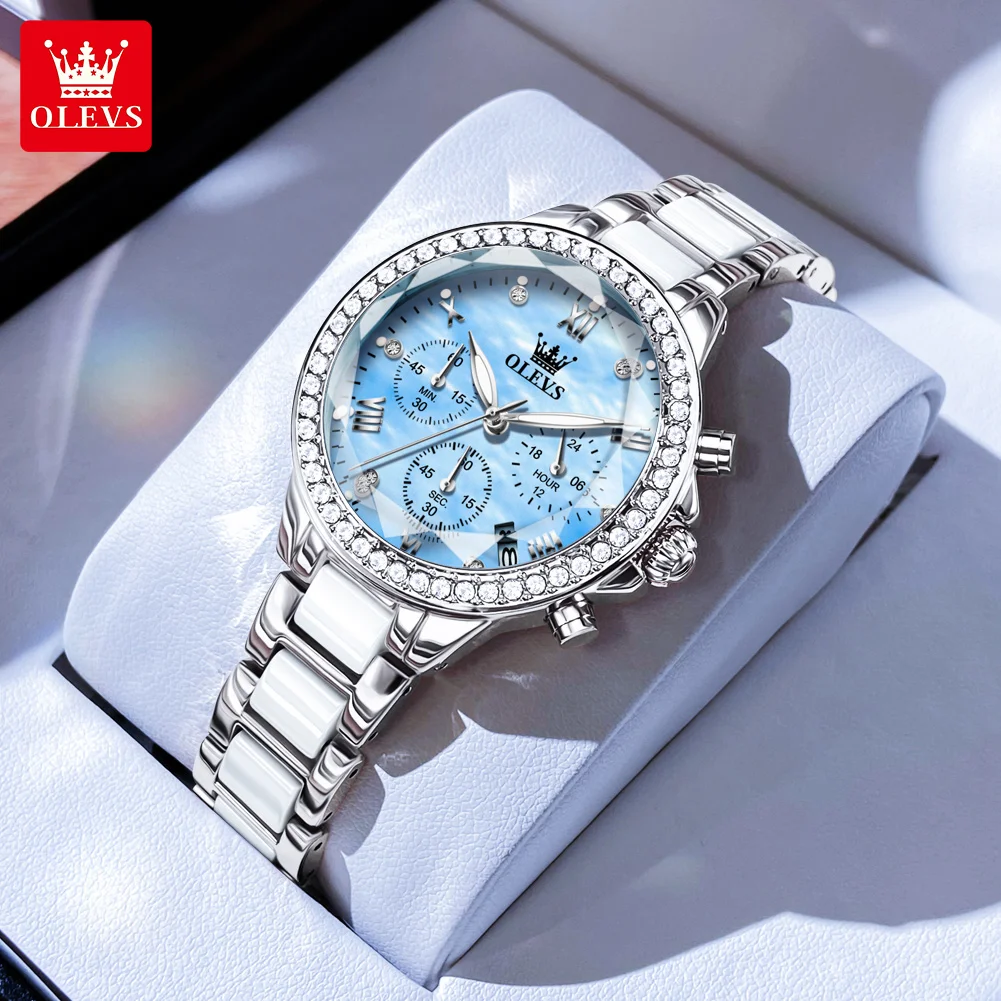 OLEVS Женские часы синие керамические дизайнерские элегантные модные с нотой