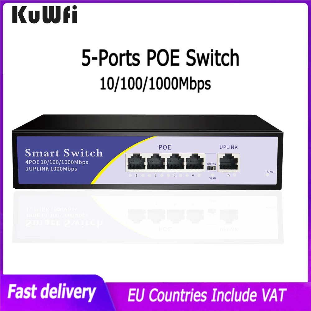 

KuWFi 4 Port POE Switch 100/1000Mbps Ethernet Internet Network Switch Gigabit Rj45 Port Lan IP Camera/Wireless AP/Wifi Router