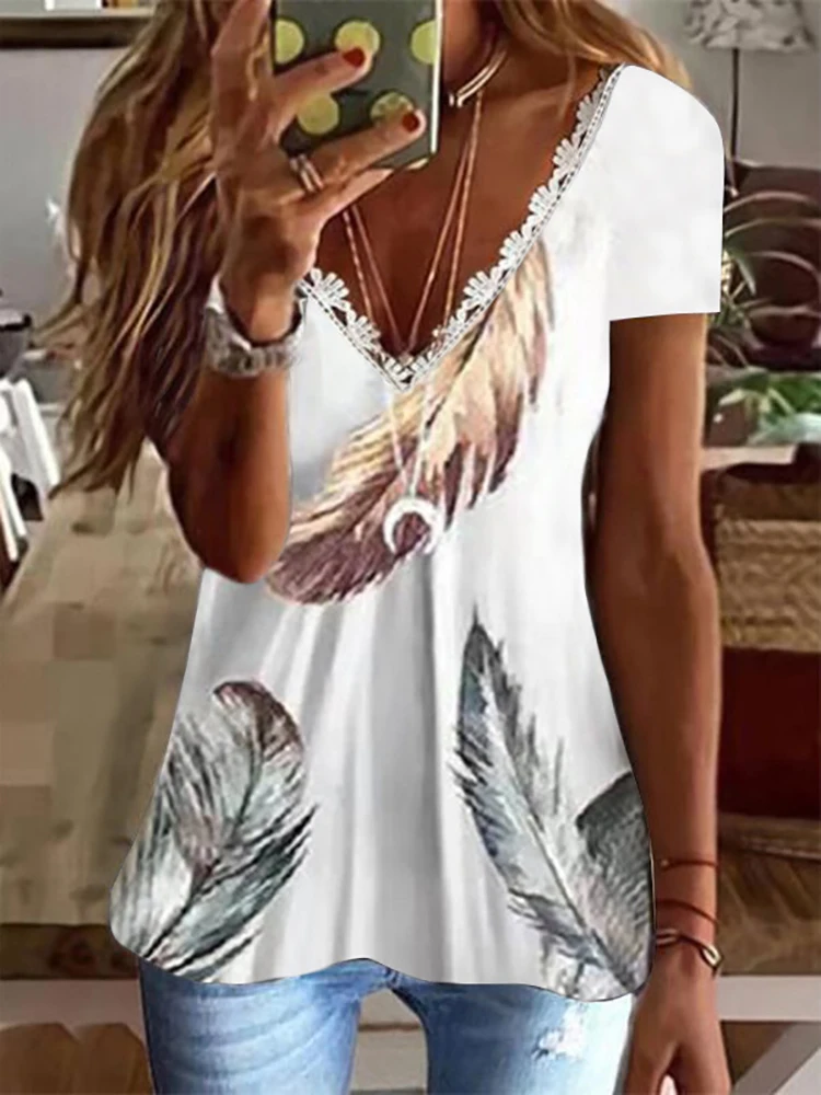 

Summer Floral Print Short Sleeve Tops Blouse Female Casual Loose V Neck Patchwork Shirt Fashion Lace Pullover Streetwear Blusa