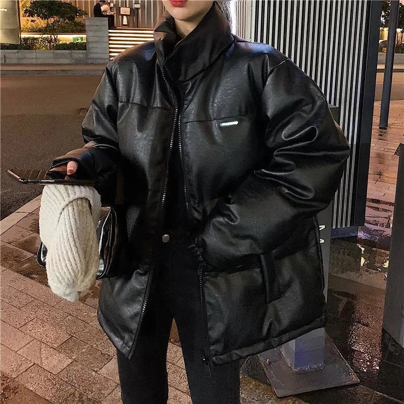 Solid Black Bright Color Thick Women Puffer Parkas Ins Fall Loose Coats Female Matte Outerwear Korean Winter Faux Leather Jacket