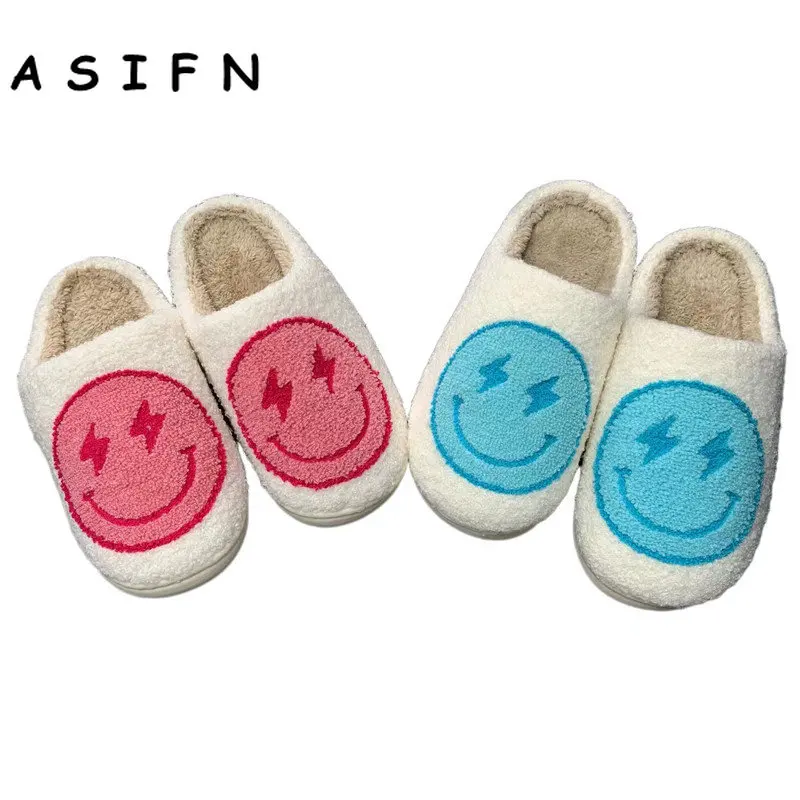 

ASIFN Lightning Smile Face Slippers Women Men Fluffy House Slipper Cute Smile Print Gift Fleece Flat Ladies Indoor Winter Shoes