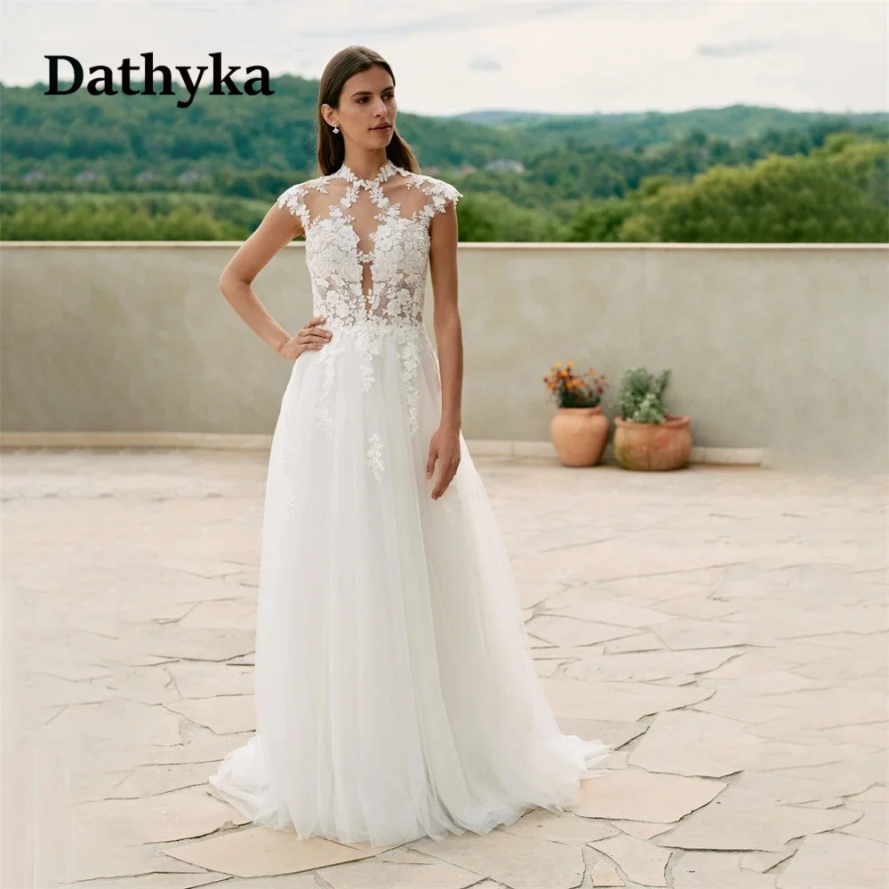 

Dathyka High Neck Court Train Wedding Dresses For Mariages Appliques Off The Shoulder Modern Tulle A-Line Button Illusion