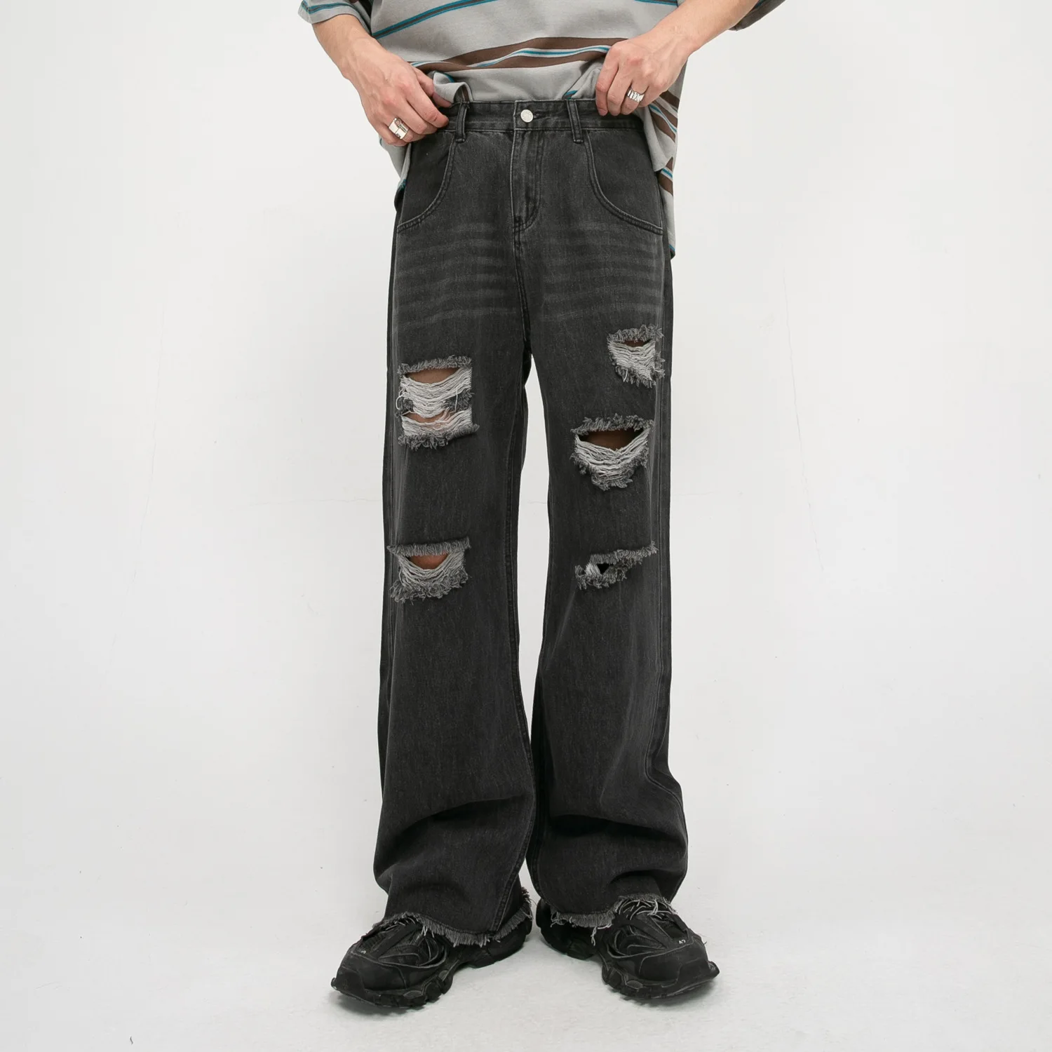 Jeans Men Straight Loose Casual Distressed Hole Wide Leg Denim Pants Man Korean Streetwear Fashion Hipster Vintage Jeans Trouser