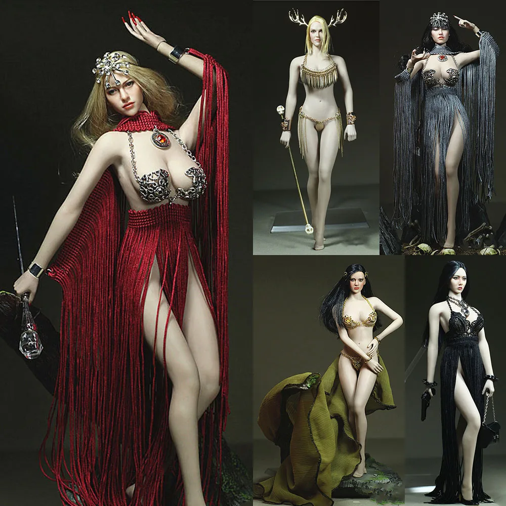 

1/6 Women Soldier Sexy Bra Set Hanging Neck Strappy Metal Chain Lingerie Fringed Skirt Exotic Dress For 12" Action Figure Body