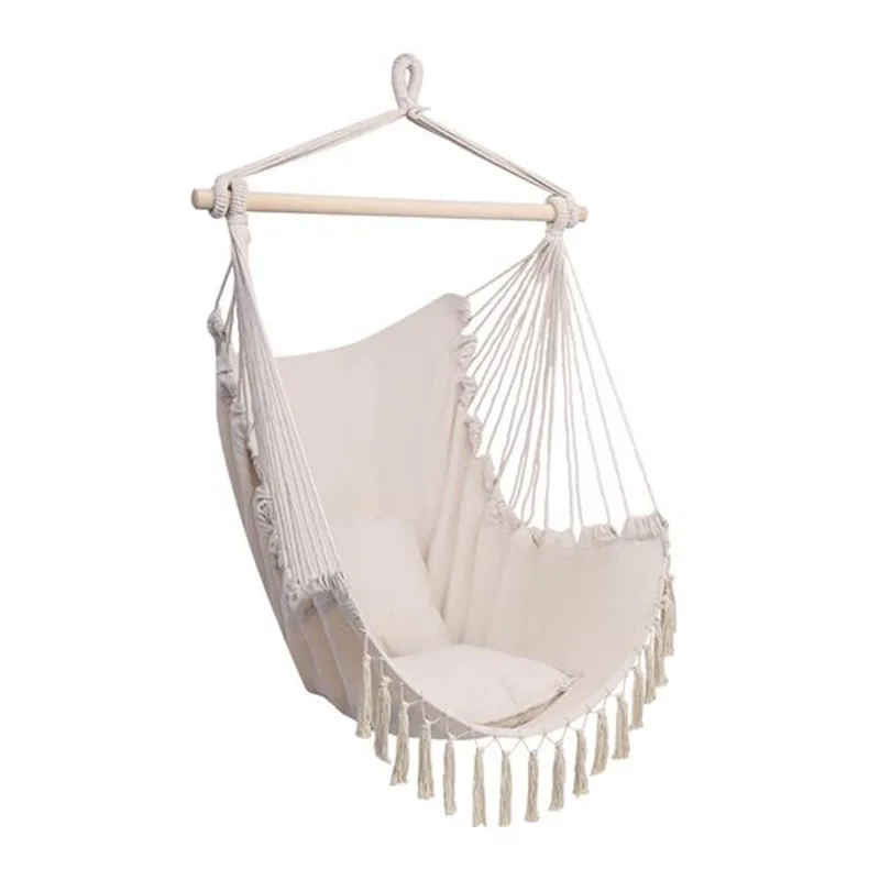 

Portable Nordic Style Home Garden Hanging Tassel Hammock Chair Outdoor Indoor Swing Chair with Wooden Pole 2 Pillows