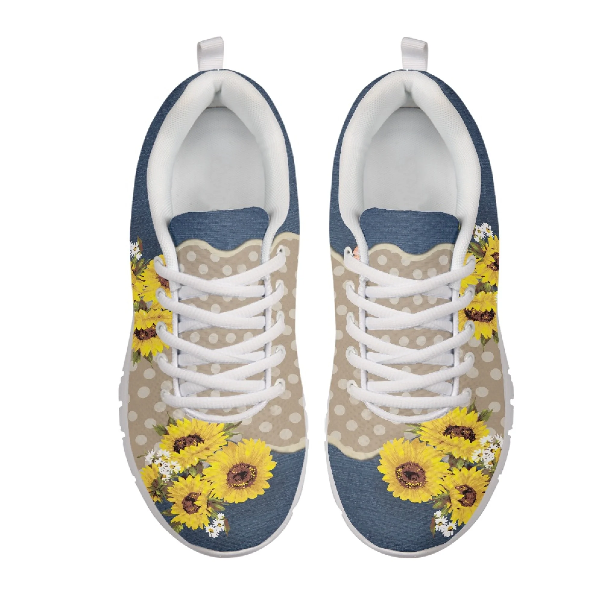 Yikeluo 2023 Women Lace up Mesh Sneakers Sunflower and Butterflies Print Walk Flat Shoes for Ladies Casual Footwear Zapatos
