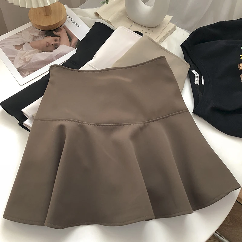 

Spring Ruffles Skirts High Waist Jupe Mini Mujer Faldas Zipper Fly Plain A-Line Skirt Black Casual Women Clothes Dropshipping